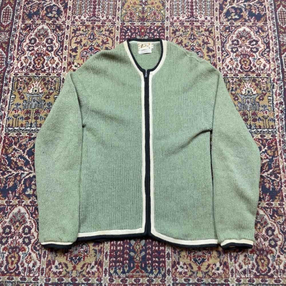 VTG 50s Barclay Sage Green Shetland Wool CC Zip Cardigan Sweater M USA Striped
